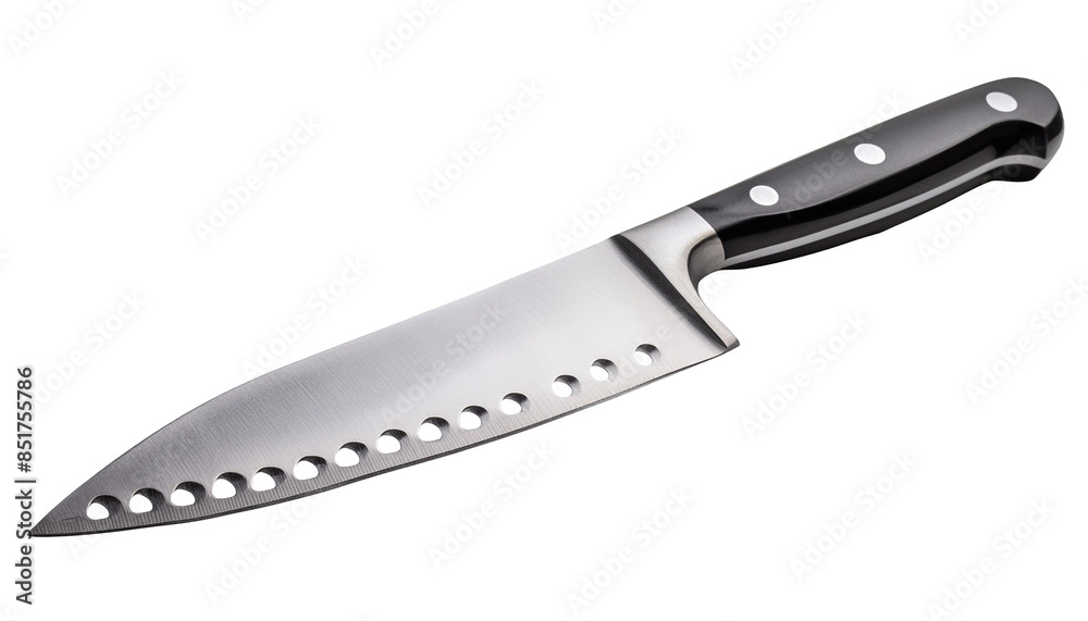 Stainless steel chef's knife with riveted handle on a clear checkered background high quality and isolated