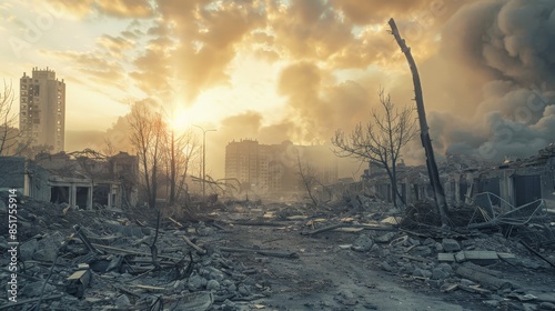 Surreal view of a once-thriving city reduced to rubble and ash photo