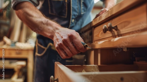 Close-up of a carpenter's hands working on a wooden drawer in a rustic workshop, showcasing craftsmanship and detailed woodwork. photo