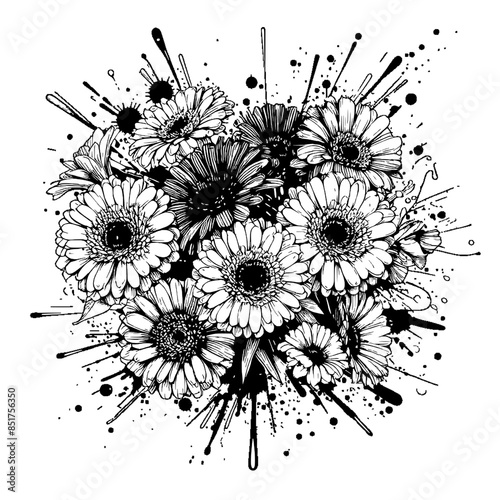 line art splashes of black paint form a garbera bouquet photo