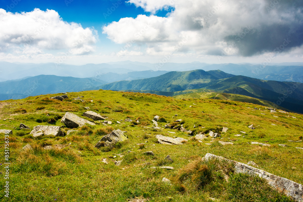 mountainous landscape with alpine grassy meadow of mnt. petros in dappled light. carpathian mountain scenery of ukraine in summer. popular travel destination of transcarpathia