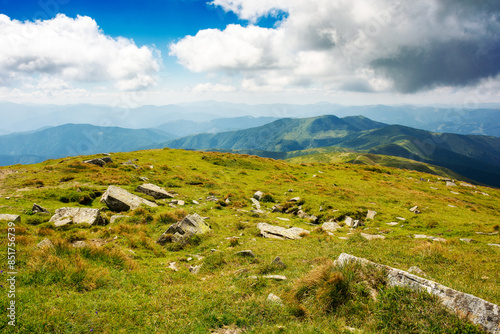 Obraz na płótnie mountainous landscape with alpine grassy meadow of mnt. petros in dappled light. carpathian mountain scenery of ukraine in summer. popular travel destination of transcarpathia w salonie