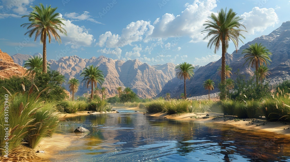 Obraz premium Tranquil river landscape with lush greenery and towering mountains under clear blue sky