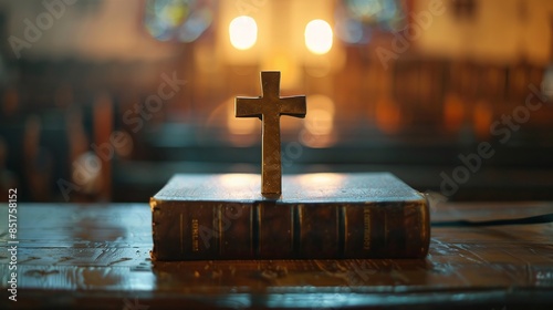holy bible and cross on desk symbol of humility supplication believe and faith for christian people spirituality religion and hope concept photo