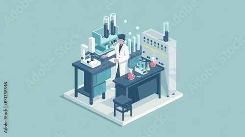 Isometric illustration of a scientist working in a laboratory.