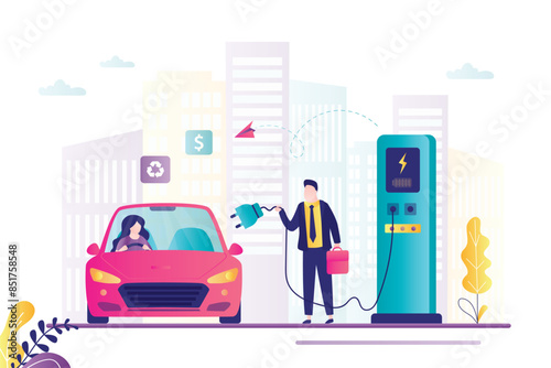 People charges electric car at charging station. Wind turbines and city buildings on background. Woman driver sitting in ecologically clean transport, environment protection.