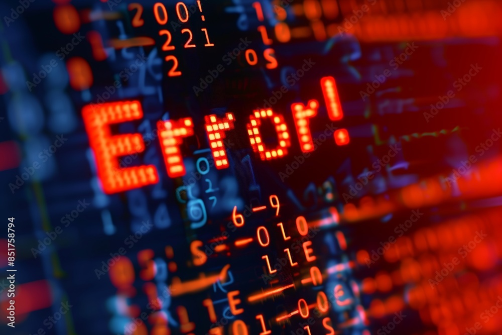 Eye-catching error sign appearing in red with a glitch effect on a backdrop of binary code Eye-catching error sign appearing in red with a glitch effect on a backdrop of binary code