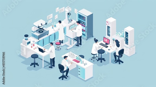 Isometric illustration of a laboratory with scientists working on research and development.