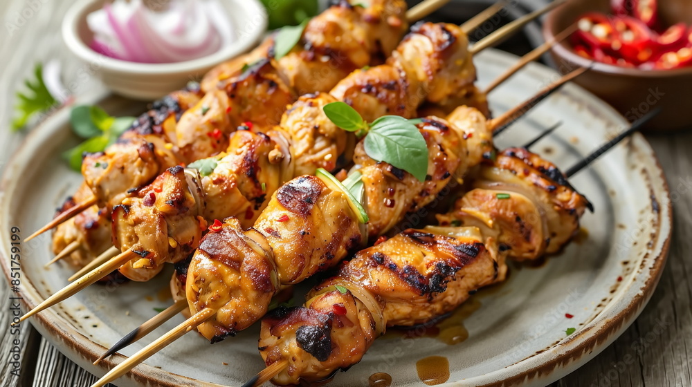 grilled chicken pieces beside with vegetable on wooden table grilled chicken pieces beside with vegetable on wooden table