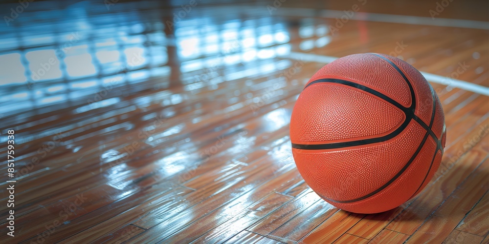 A close-up of a basketball on a shiny hardwood court.