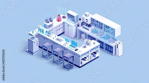 Isometric illustration of a modern scientific laboratory with equipment and furniture.
