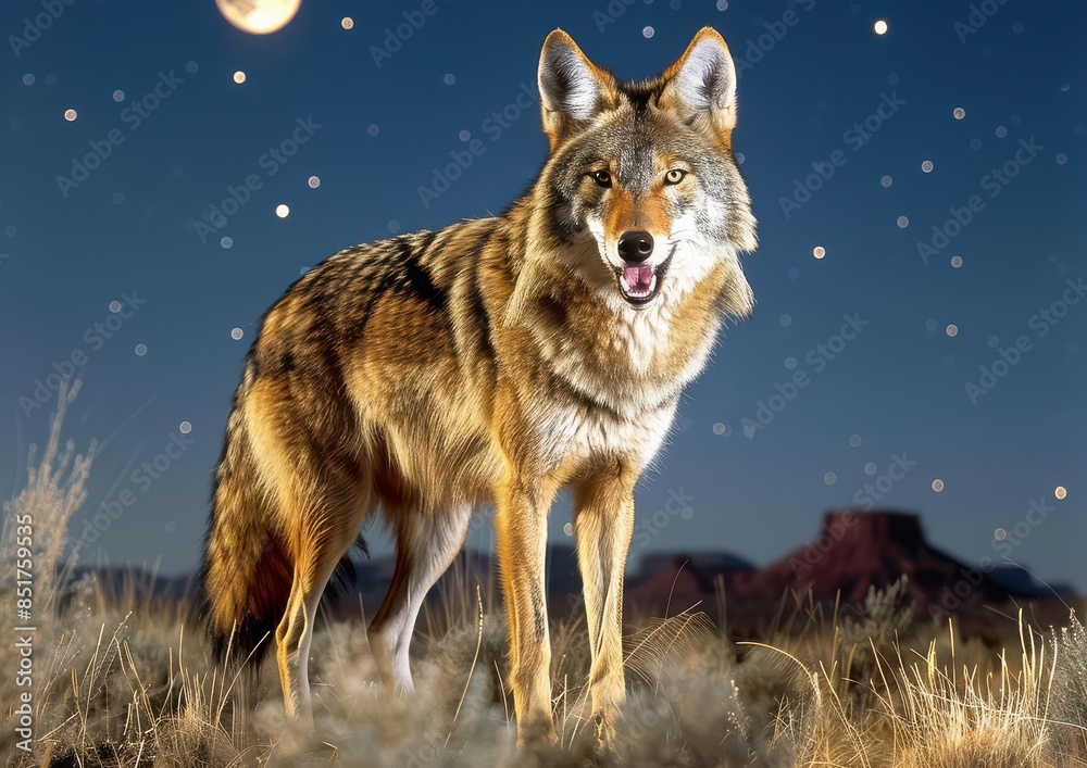 Majestic Coyote Under Moonlit Sky in Desert Landscape with Starry Night; Wild Animal Stands Amidst Nature’s Natural Beauty Majestic Coyote Under Moonlit Sky in Desert Landscape with Starry Night; Wild Animal Stands Amidst Nature’s Natural Beauty