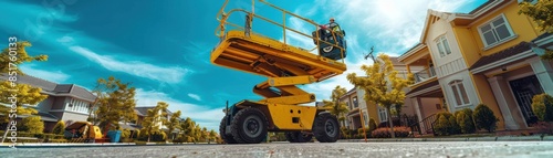 A yellow self - propelled articulated boom lift photo