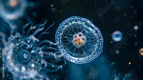Ultra-magnified Microscopic Drop of Sea Water Revealing Tiny Marine Organisms and Plankton photo