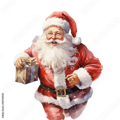 A smiling Santa Claus holding a box in his hands on transparent background. The image has a festive and joyful mood. Watercolor.