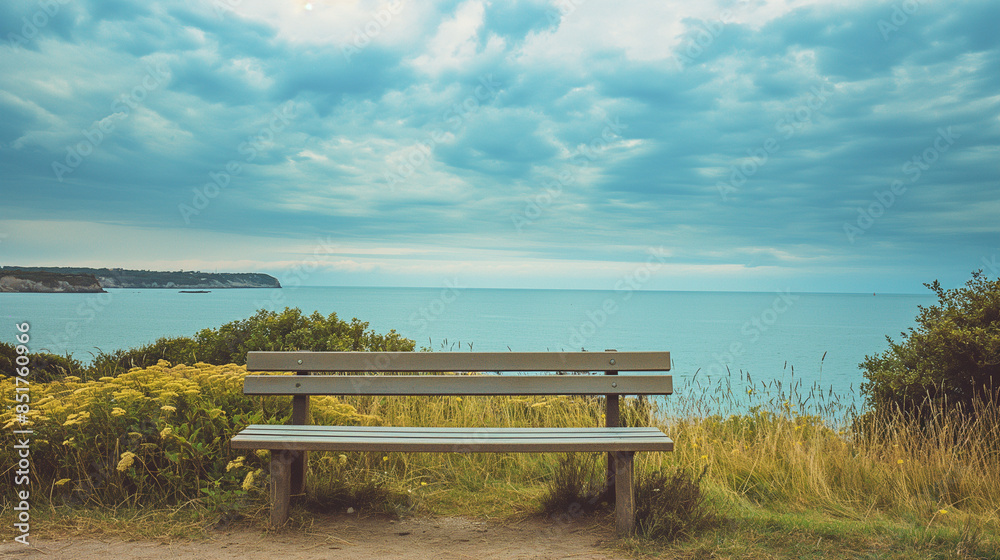 Obraz premium Empty bench overlooking a tranquil ocean with cloudy sky