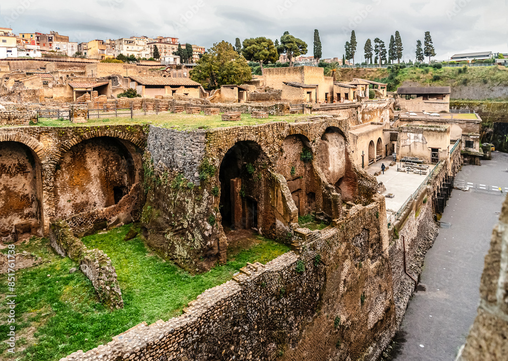 The ruins of the ancient city of Herculaneum, located at the foot of Mount Vesuvius.