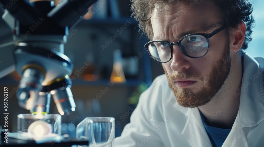 Focused scientist working with microscope. Scientist in lab coat deeply concentrated while using microscope, conducting important research. Focused scientist working with microscope. Scientist in lab coat deeply concentrated while using microscope, conducting important research.