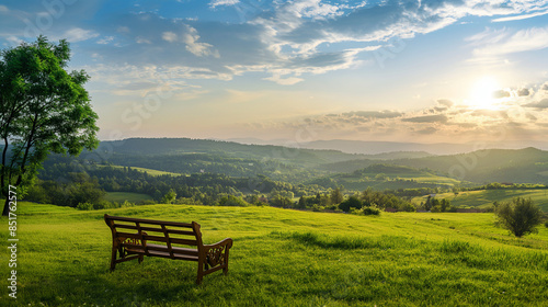 Wooden bench standing on a hill overlooking a valley at sunset with cloudy sky © Sean