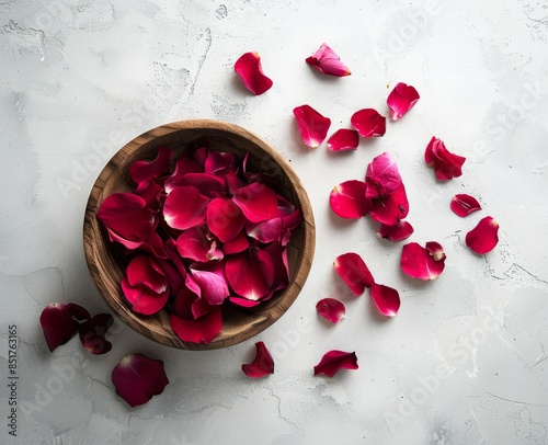 Wooden bowl containing roses and dried rose petals