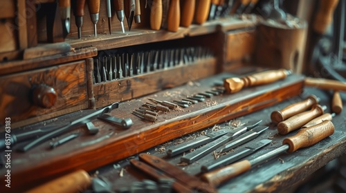 Close-up view of vintage woodworking tools neatly arranged on a wooden workbench in a rustic workshop setting. photo
