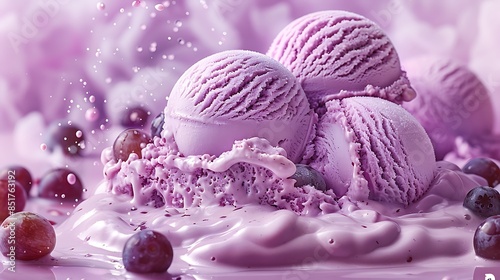 **Single ice cream explosion isolated on white background, grape flavor with grape pieces