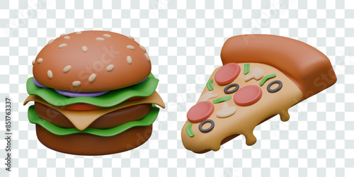 Isolated burger and slice of pizza. Vector realistic fast food. Illustrations