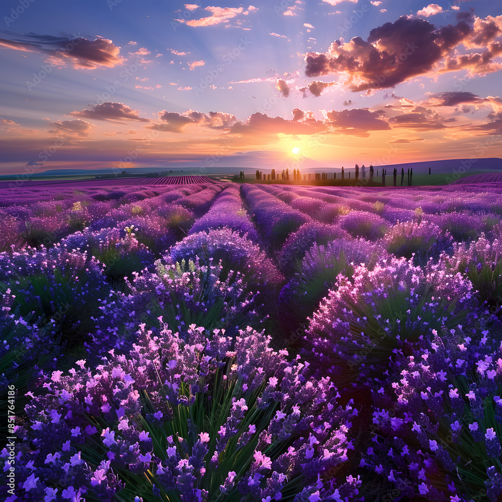 Fototapeta premium Lavender Field at Sunset in a Beautiful Summer Landscape