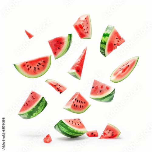 An array of watermelon slices captured in mid-air against a pure white background, depicting a fresh and juicy summery vibe photo