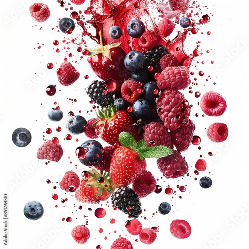 A vivid explosion of assorted berries and juice, showcasing an energetic burst of freshness and flavor on a white background