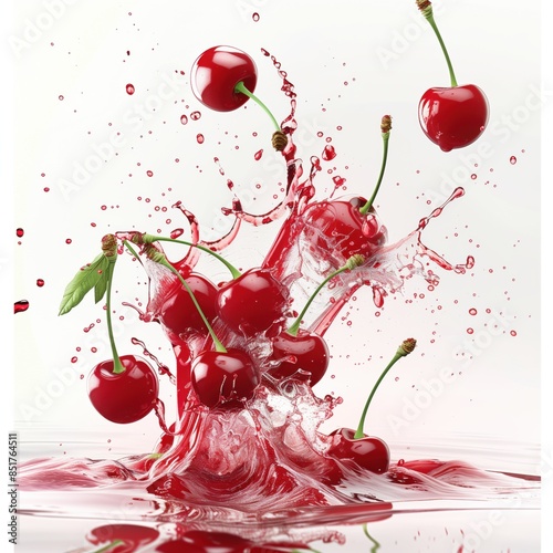 Fresh cherries with a dynamic splash of juice against a solid backdrop, symbolizing freshness, taste, and the juicy essence of the fruit