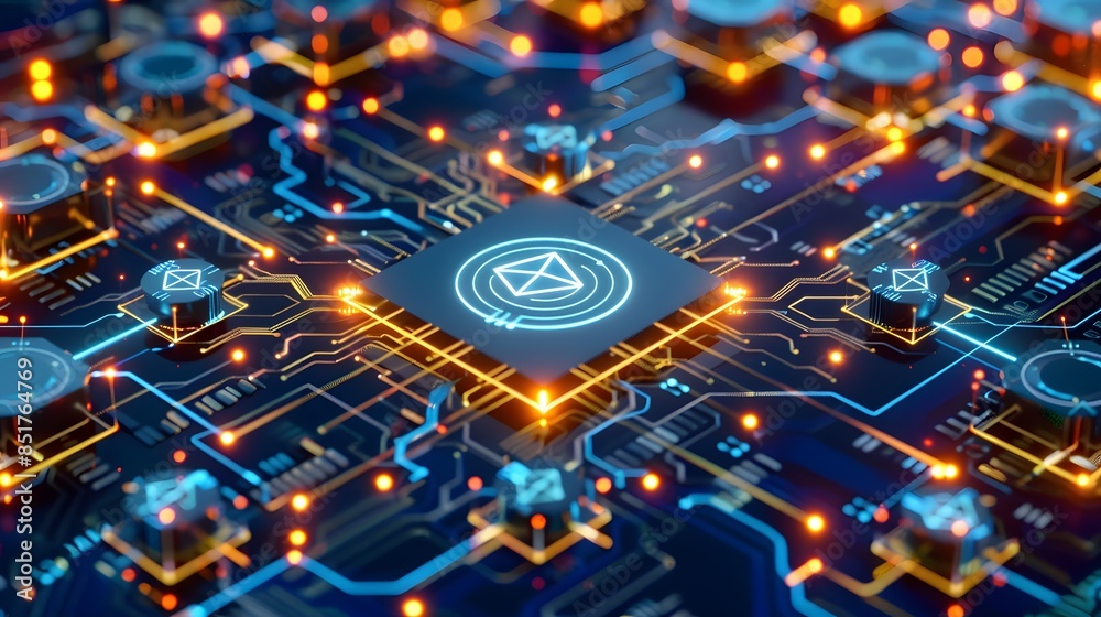 A computer chip with a symbol on it is lit up in a blue and orange color scheme. Concept of technology and innovation, as well as a futuristic or sci-fi vibe A computer chip with a symbol on it is lit up in a blue and orange color scheme. Concept of technology and innovation, as well as a futuristic or sci-fi vibe