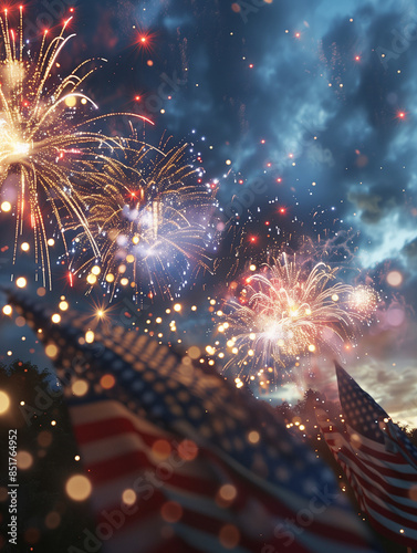 American Flag Waving at Sunset with Confetti During 4th of July Celebration