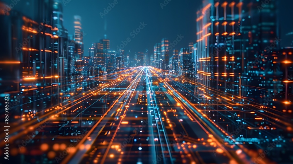 A city skyline with a power line tower in the background. The sky is orange and the city is lit up at night