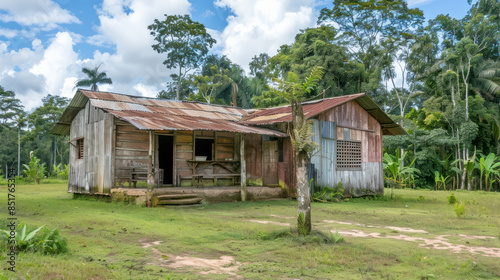 Rustic Abandoned Wooden Cabin in Lush Green Forest with Overgrown Vegetation under Blue Sky with Fluffy Clouds in Remote Countryside Village