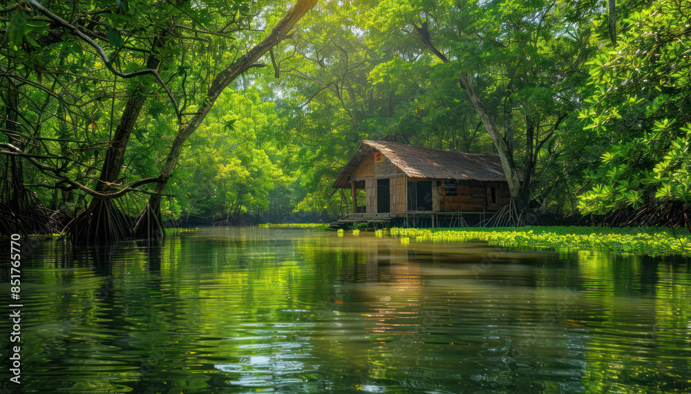 Serene Forest Cabin by Tranquil River with Lush Greenery and Reflections A Peaceful Hideaway in Nature's Embrace with Vibrant Foliage for Relaxation and Nature Enthusiasts Serene Forest Cabin by Tranquil River with Lush Greenery and Reflections A Peaceful Hideaway in Nature's Embrace with Vibrant Foliage for Relaxation and Nature Enthusiasts