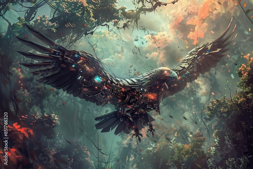A majestic, futuristic robotic bird soaring through a mystical forest with vibrant colors and intricate details. © Parintron