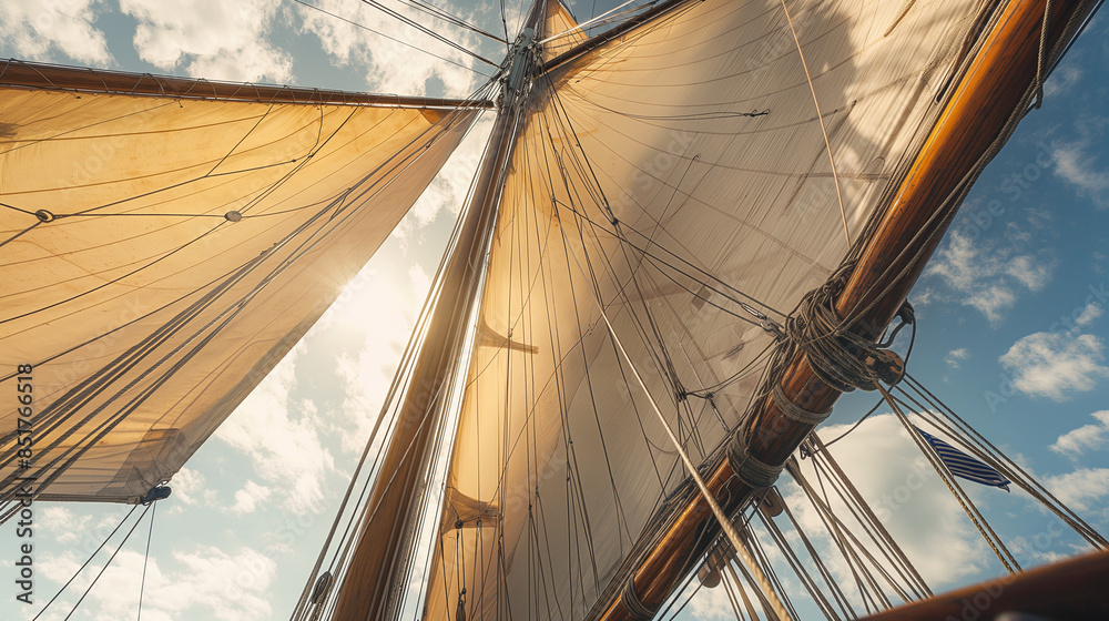 Fototapeta premium Sailboat cruising with sails inflated by wind