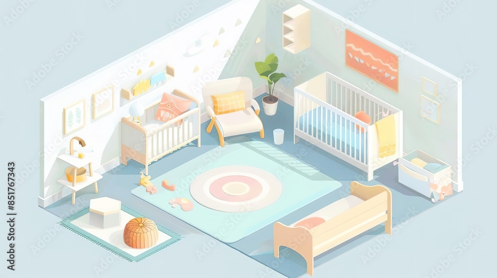 Cozy and modern nursery room interior with crib, changing table, armchair and rug. Cozy and modern nursery room interior with crib, changing table, armchair and rug.