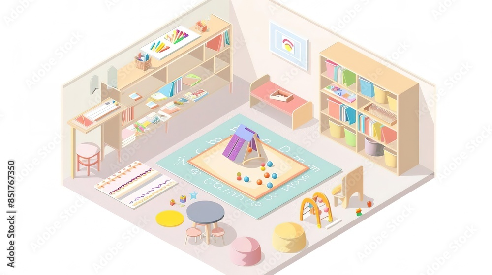 Isometric illustration of a colorful and playful children's playroom. Isometric illustration of a colorful and playful children's playroom.