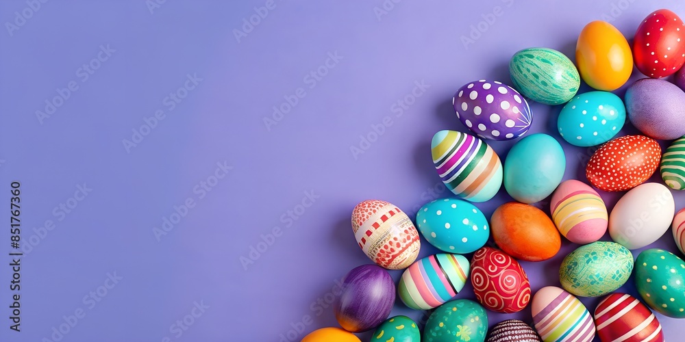 Fototapeta premium Festive Easter Eggs on Wooden Background Blank Space for Text