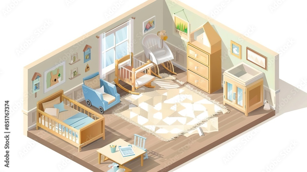 Isometric illustration of a cozy and well-decorated nursery with furniture and decor. Isometric illustration of a cozy and well-decorated nursery with furniture and decor.