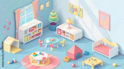 Isometric illustration of a colorful and playful nursery room with toys, furniture, and decorations.