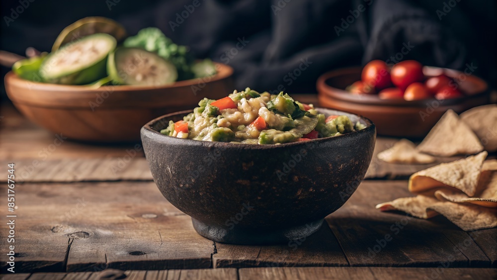 Delicious Bowl of Guacamole with Fresh Ingredients, Tortilla Chips, and Salsa Delicious Bowl of Guacamole with Fresh Ingredients, Tortilla Chips, and Salsa