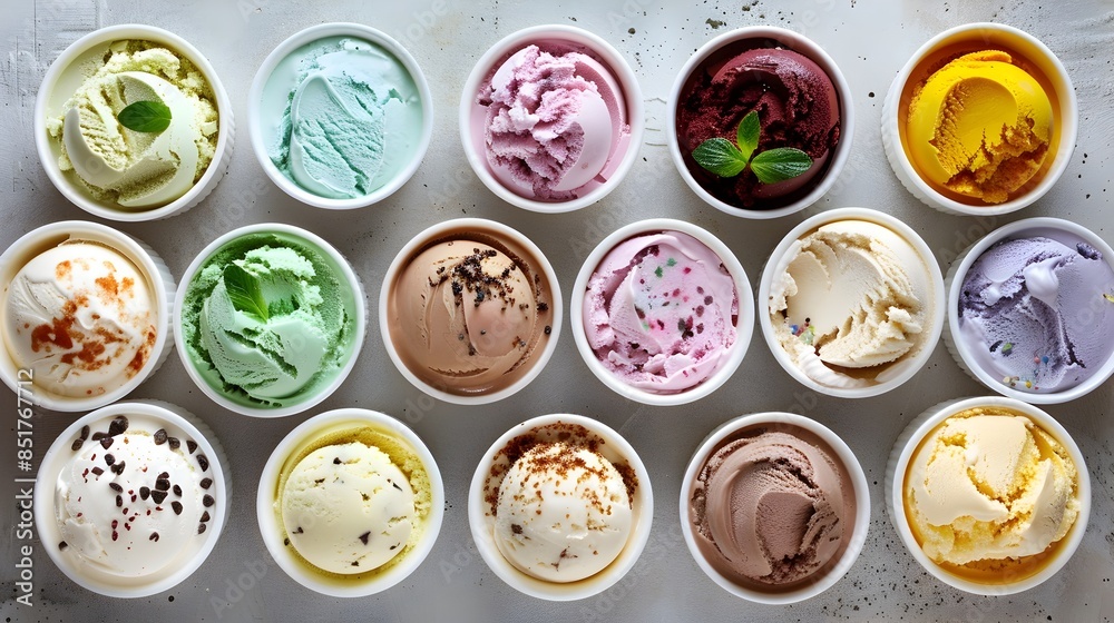 Overhead View of a Colorful Selection of Delicious Ice Cream Flavors in Bowls Overhead View of a Colorful Selection of Delicious Ice Cream Flavors in Bowls