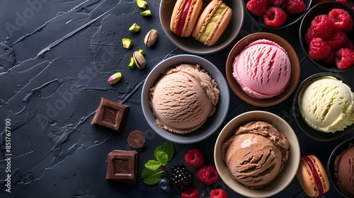 Mouthwatering Assortment of Decadent Ice Cream Flavors with Tempting Toppings on Dark Background