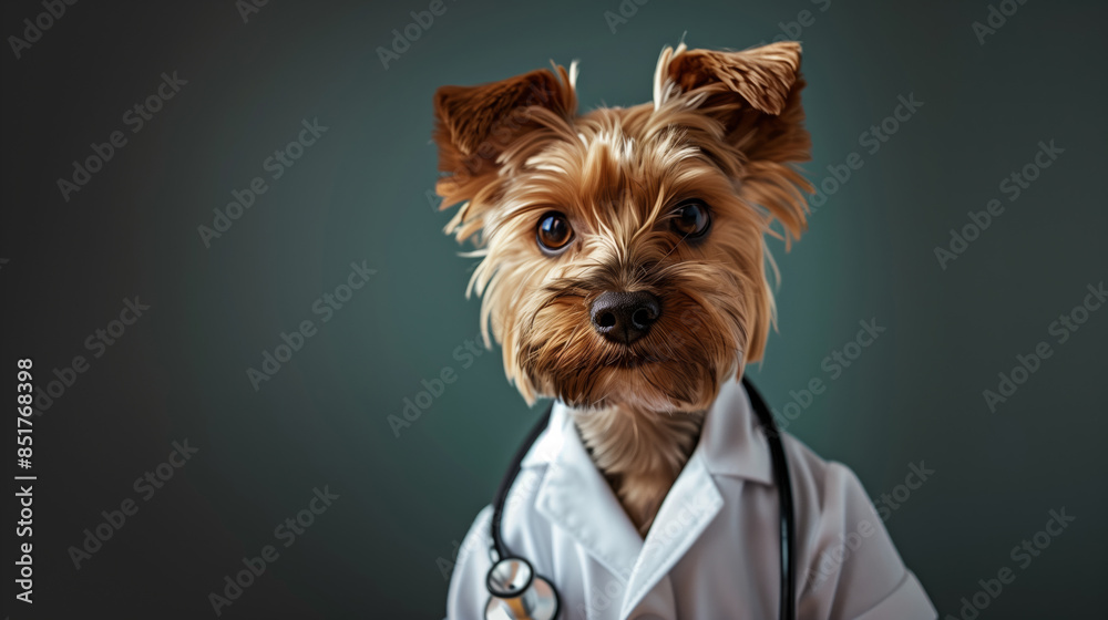 A dog is wearing a white lab coat and standing in front of a wall. The dog has a stethoscope around its neck A dog is wearing a white lab coat and standing in front of a wall. The dog has a stethoscope around its neck
