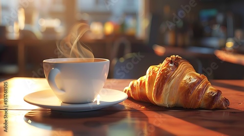 coffee and croissant on a wooden table with a white cup and saucer, accompanied by a brown chair