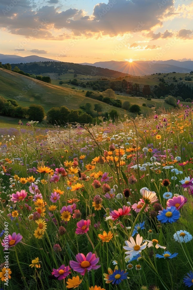 Sunlit meadow, wildflowers in bloom, wideangle shot, vibrant colors, rolling hills, serene landscape Sunlit meadow, wildflowers in bloom, wideangle shot, vibrant colors, rolling hills, serene landscape