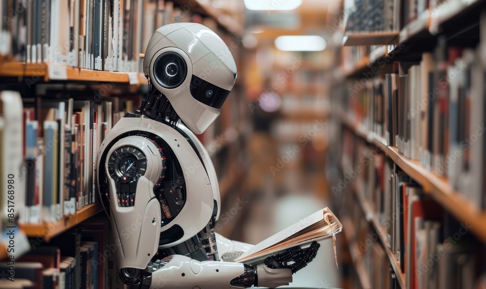 ai robot reading book in library ai robot reading book in library